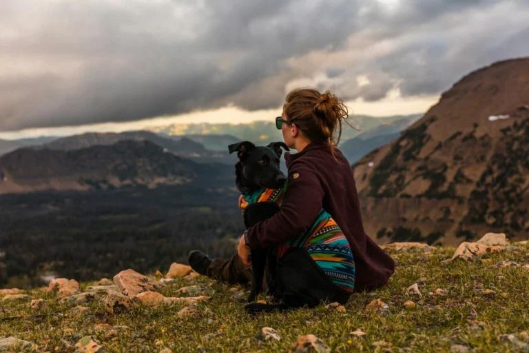 A person sits on a grassy mountain peak hugging a black dog under a cloudy sky.