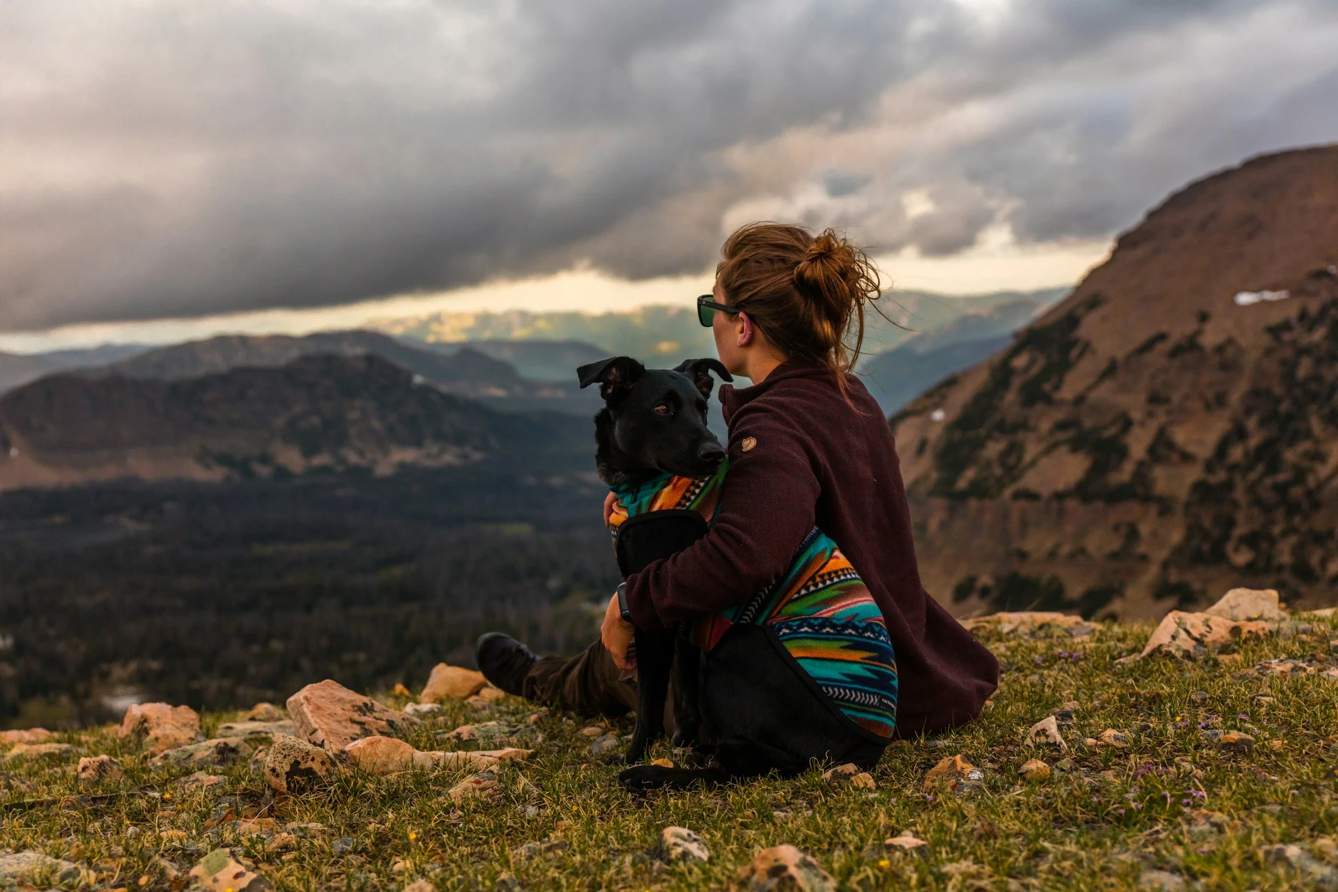 A person sits on a grassy mountain peak hugging a black dog under a cloudy sky.